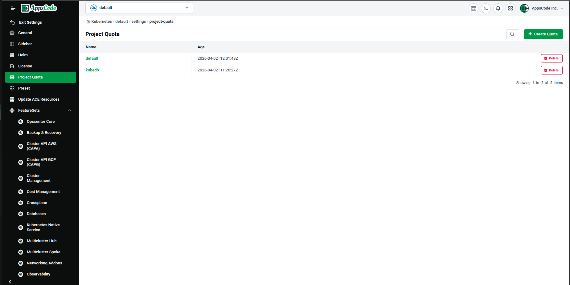 Project Quota list page showing existing quotas for “default” and “kubedb” namespaces