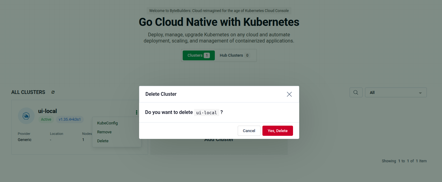 Delete Cluster modal asking for confirmation with Yes, Delete button