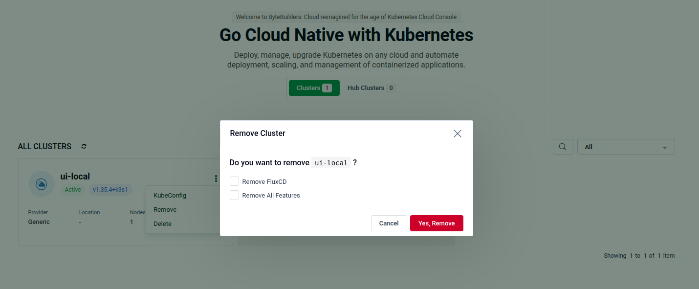 Remove Cluster modal with optional checkboxes for Remove FluxCD and Remove All Features