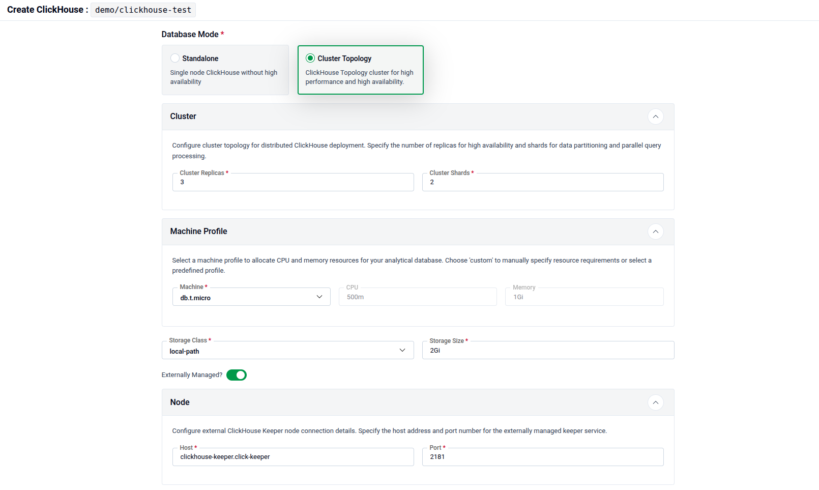 Topology mode selected showing Cluster and ClickHouse Keeper configuration