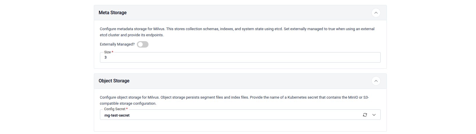 Milvus meta storage and object storage configuration