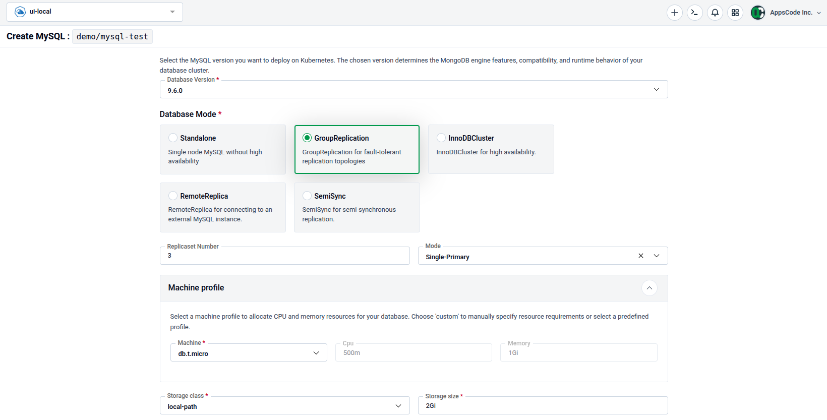 Mode options showing GroupReplication, InnoDBCluster, SemiSync, and RemoteReplica