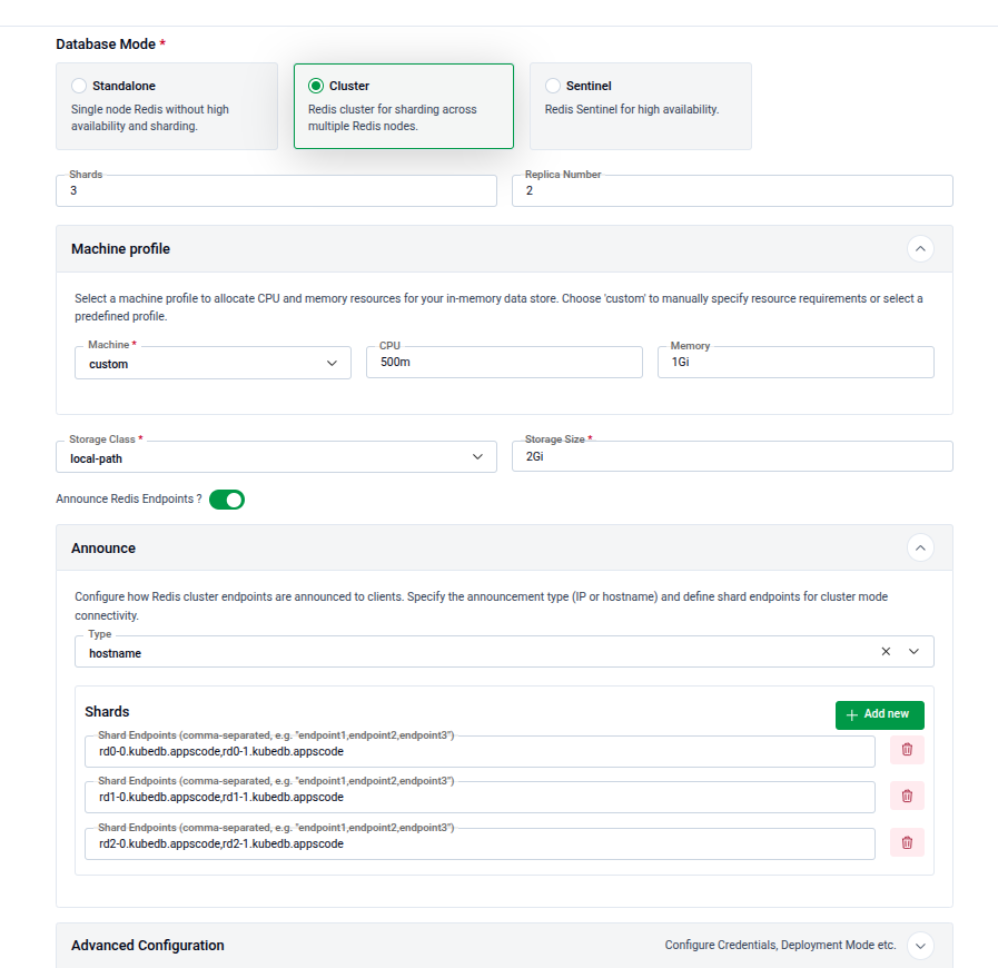 Announce Redis Endpoints toggle and Announce panel with Type and per-shard endpoints