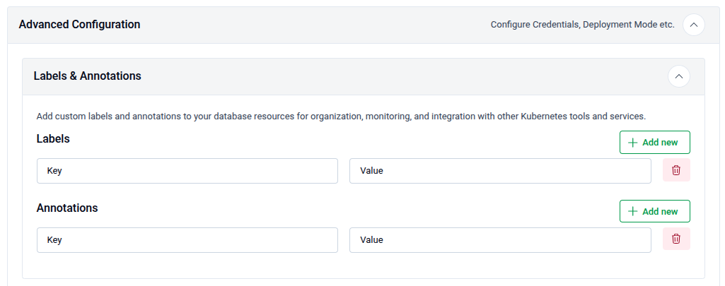 Labels and Annotations sections each with Key-Value input rows and Add new buttons