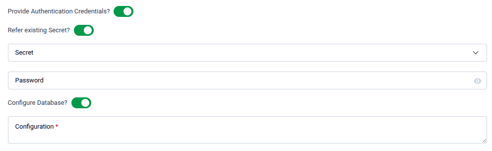 Authentication Credentials section showing credential toggles, Secret dropdown, Password field, and Configuration textarea