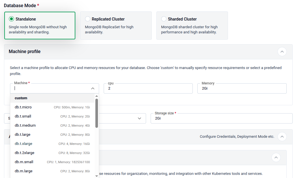Machine Profile dropdown alongside the Storage Class and Advanced Configuration panels