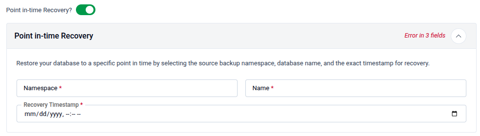 Point in-time Recovery form showing Namespace, Name, and Recovery Timestamp fields