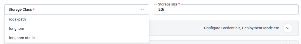 Storage Class dropdown and Storage size field