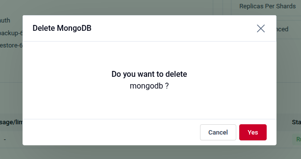 Delete confirmation modal asking “Do you want to delete mongodb?” with Cancel and Yes buttons